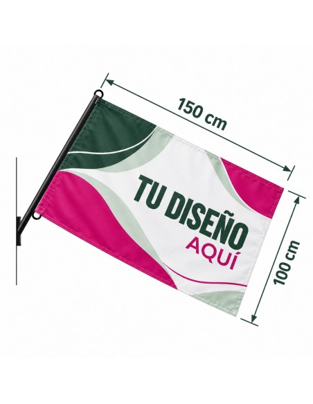 Infografía con las medidas del pack bandera y mástil para pared
