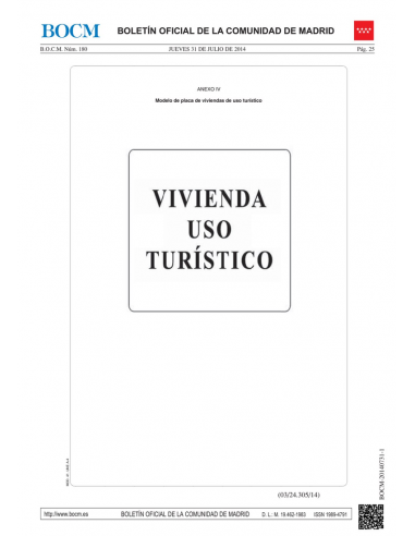Placa de Vivienda de uso turístico · Comunidad de Madrid